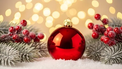 Festive Christmas scene with red ornament and snowy pine branches