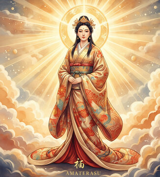 Amaterasu Shinto Sun Goddess Illustration with Golden Halo and Divine Sunlight