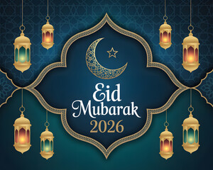 Elegant Eid Mubarak 2026 Celebration Greeting with Golden Crescent Moon and Stars