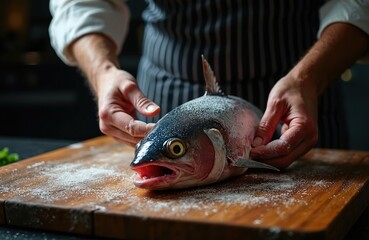 Pro chef prepares whole raw tuna fish for cooking on wooden cutting board. Hands show precision slicing technique for fresh seafood meal. Culinary art in kitchen.
