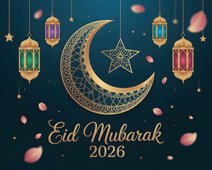 Elegant Eid Mubarak 2026 Celebration Greeting with Golden Crescent Moon and Stars