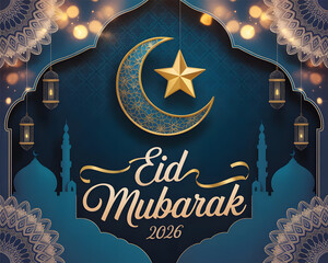 Elegant Eid Mubarak 2026 Celebration Greeting with Golden Crescent Moon and Stars
