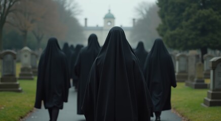 Several people in black robes walking down a cemetery path