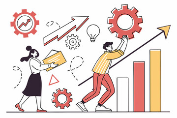 A vector graphic illustration of two people working together with gears and graphs