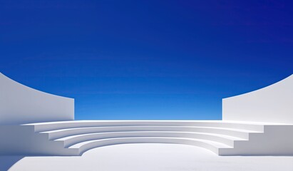 White minimalist stage design with empty blue sky in background and three white steps on each side symmetrical balanced composition smooth lines soft lighting creating calmness