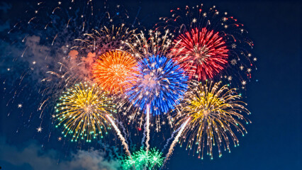 Colorful fireworks explode in the night sky, creating vibrant patterns of red, blue, yellow, and green against a dark background.