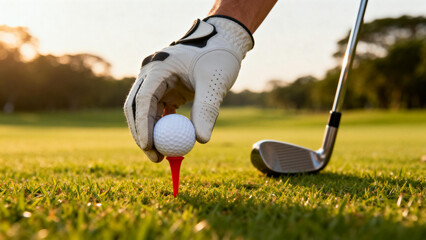 Golfer placing a golf ball on a tee with a club nearby on a sunny course