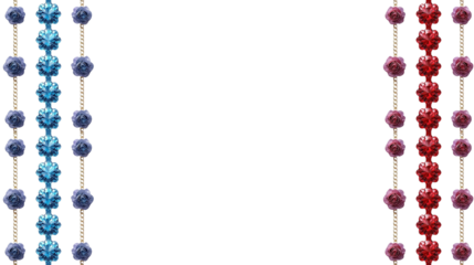 Symmetrically arranged blue and red beaded ornamental strands create a vibrant, festive border on a clean white background, ideal for elegant design templates and celebration concepts