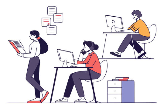 A minimalist vector illustration of three people working at desks in an office