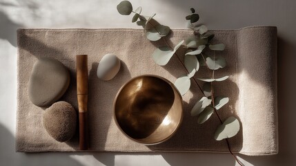 Minimalist composition featuring a singing bowl, eucalyptus leaves and two round stones on an elegant beige linen table runner with soft shadows.
