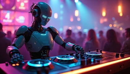 Robot DJ plays music at futuristic nightclub with neon lights. Crowd dances to electronic beats, enjoying vibrant party atmosphere. Technology meets entertainment on dance floor.