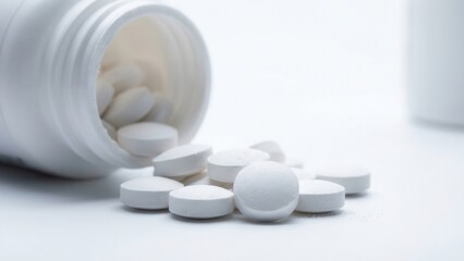 White plastic medicine bottle spilling round white pills isolated on white background