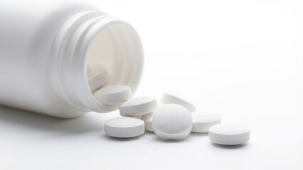 White plastic medicine bottle spilling round white pills isolated on white background