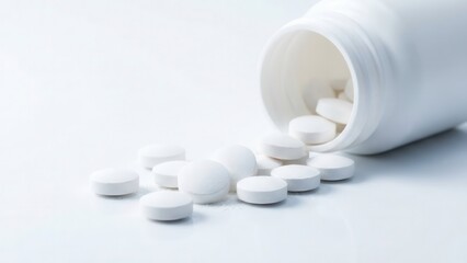 White plastic medicine bottle spilling round white pills isolated on white background