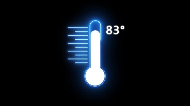 Neon Medical thermometer icon animation. Digital Temperature Meter Display 83&deg;C. Thats indicates weather temperature 83 degree increse or decline.