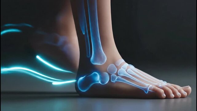 Close-up digital visualization of a human foot and ankle showing glowing blue skeletal bones in a dark medical setting.