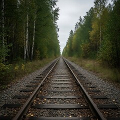 Fototapeta premium Straight railway tracks stretch into the distance flanked by dense forest under an overcast sky