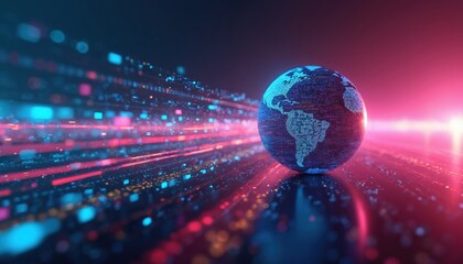 Digital globe with bright neon light streaks. Abstract data streams form global network visuals. Futuristic technology concept, information flow and connectivity.