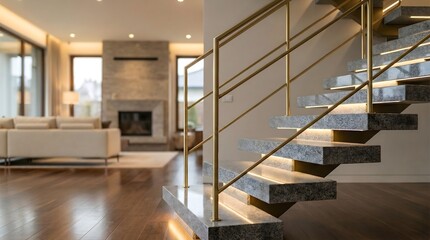 Modern Floating Staircase with Illuminated Stone Steps