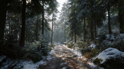 A winter forest with a path leading into the trees,