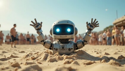 Cute Small Robot Buried in Sand at Sunny Crowded Beach Playfully Waving Hands with Glowing Blue Eyes Futuristic Android Character Enjoying Summer Vacation with People in Background Cinematic 3D Render