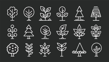 Tree and Plant Icons Set - Minimal Line Art Vector