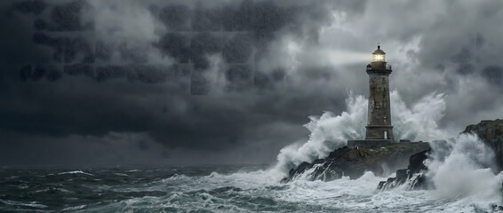 Dramatic Lighthouse in Violent Storm with Crashing Waves