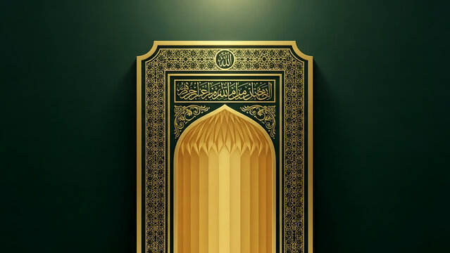Luxurious Ramadan background in dark green with gold-plated mosque mihrab