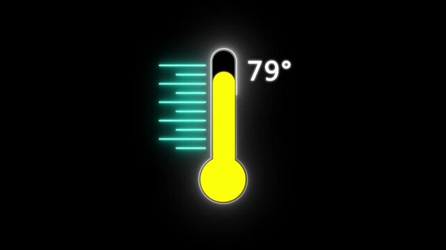 Neon Medical thermometer icon animation. Digital Temperature Meter Display 79&deg;C. Thats indicates weather temperature 79 degree increse or decline.
