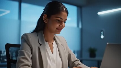Dedicated young professional woman smiling while efficiently working on her laptop in a modern office environment, highlighting focus and career success