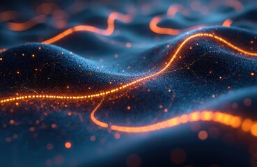 Abstract glowing orange lines form patterns on dark textured surface. Digital waves and dots create futuristic cyberspace feel. Energetic light trails move dynamically through digital space.