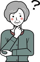 正面向き。あごに手をあて、悩み顔のカーディガンを着た高齢女性。