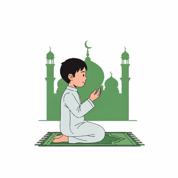 Young Boy Praying on Prayer Mat.