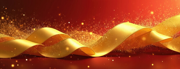 Elegant golden ribbon waves across red backdrop with scattered sparkles. Luxurious wavy fabric texture suggests celebration, wealth and premium quality for festive events and luxury themes.