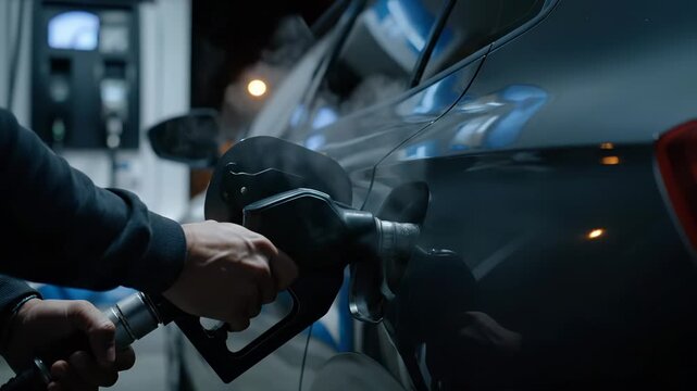 Man refuels car at gas station holding fuel nozzle at pump. Driver fills car tank with gasoline at station. Man pumps fuel into vehicle at night. Gas station refueling with nozzle and pump.