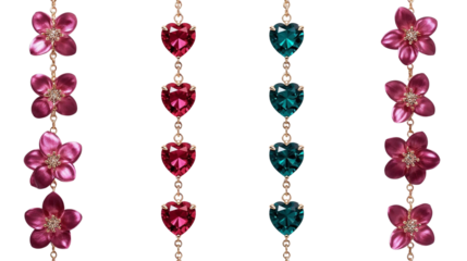 Elegant vertical chains adorned with sparkling heart-shaped gemstones and delicate pink floral motifs, creating a charming and romantic decorative design element