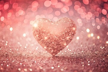 Obraz premium Romantic Sparkling Rose Gold Glitter Heart on Shimmering Bokeh Background for Valentines Day and Luxury Wedding Celebration