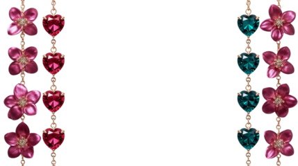 Sparkling red and teal heart and flower gem chains, beautifully arranged for elegant jewelry design and luxurious decorative accents