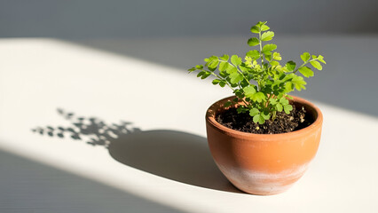 Small Green Potted Plant Decor | Minimalist Indoor Houseplant | Decorative Plant in Clay Pot | Fresh Potted Foliage Shadow | Small Fern in Terracotta Pot | Eco-Friendly Desk Plant Decoration | Natural