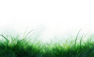 Abstract watercolor green meadow fades into a soft foggy horizon on a white canvas, offering generous open space at the top for a serene and misty natural background atmosphere.
