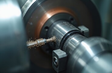 Close-up shot of metal lathe machine cutting steel workpiece. Tool shaves metal shavings during precision manufacturing process. Industrial workshop setting.