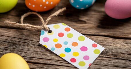 Festive Easter gift tag featuring playful colorful polka dots rests on a rustic wooden table surrounded by bright painted eggs, creating a charming and crafty holiday atmosphere for spring.