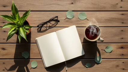 An open blank notebook, steaming coffee, eyeglasses, and a potted plant arranged on a rustic wooden table, creating a cozy workspace.
