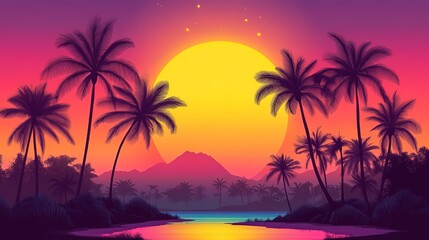 Obraz premium Tropical Sunset Landscape with Palm Trees and Mountain in Background