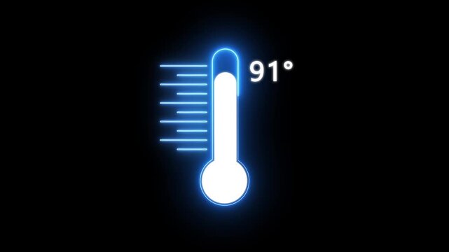 Neon Medical thermometer icon animation. Digital Temperature Meter Display 91&deg;C. Thats indicates weather temperature 91 degree increse or decline.
