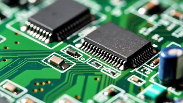 A green circuit board with glowing traces and mounted chips reveals the intricate design of modern electronics.