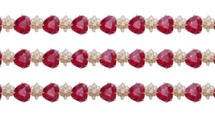 Beautiful rows of sparkling red heart-shaped gemstones set in golden frames with small white crystals, forming an elegant and luxurious decorative border or trim element