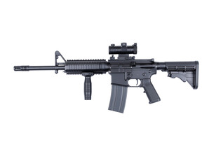 Black tactical equipment with scope and folding stock