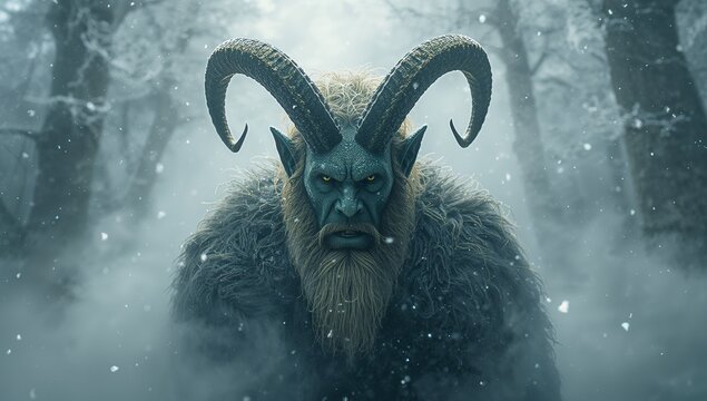 Krampus demon portrait in snowy winter forest