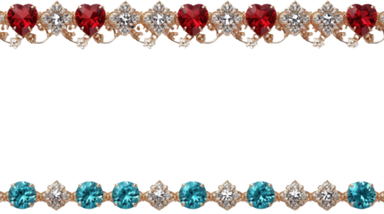 Decorative borders with sparkling red heart gems, brilliant clear diamonds, vibrant teal round stones, and shimmering square jewels, ideal for luxurious and elegant graphic design accents